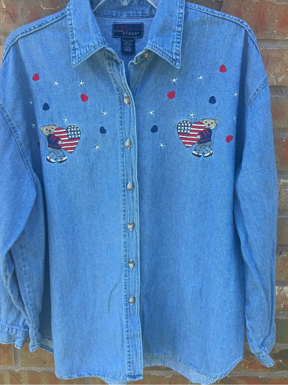 Women’s Light Blue Denim Shirt Patriotic Bear Embroidery Hearts America Size 24